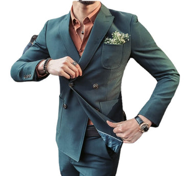 Double Breasted Suit Men Slim Green Casual Suit Men Suit Groom Wedding Dress