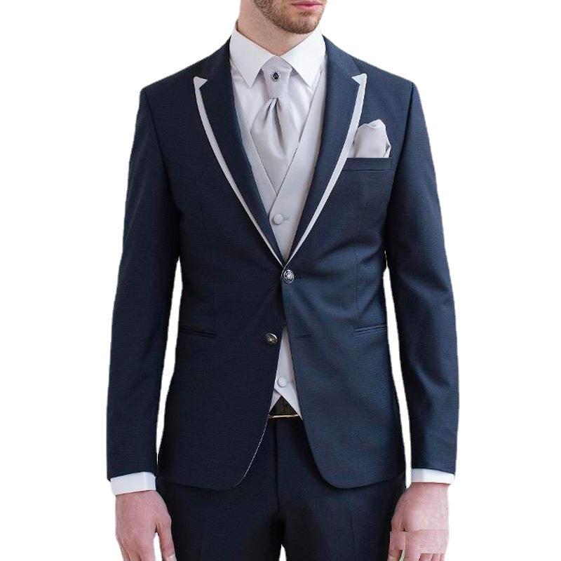Costume de soirée bleu marine pour homme, smoking sur mesure, costume trois pièces (veste, pantalon et gilet) 
