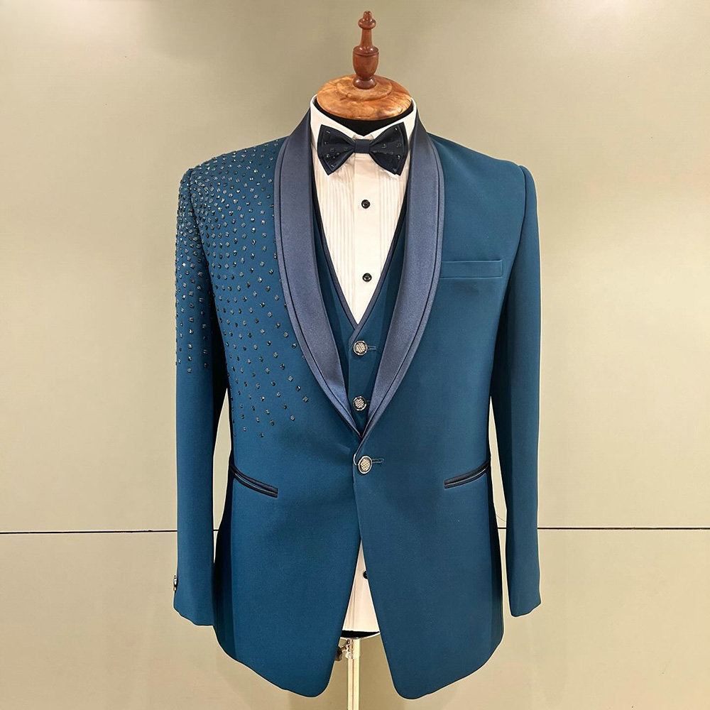 Costume de mariage bleu 3 pièces pour homme, smoking de marié, costume formel en cristal, sur mesure, ensemble blazer noir pour bal de promo, mode masculine