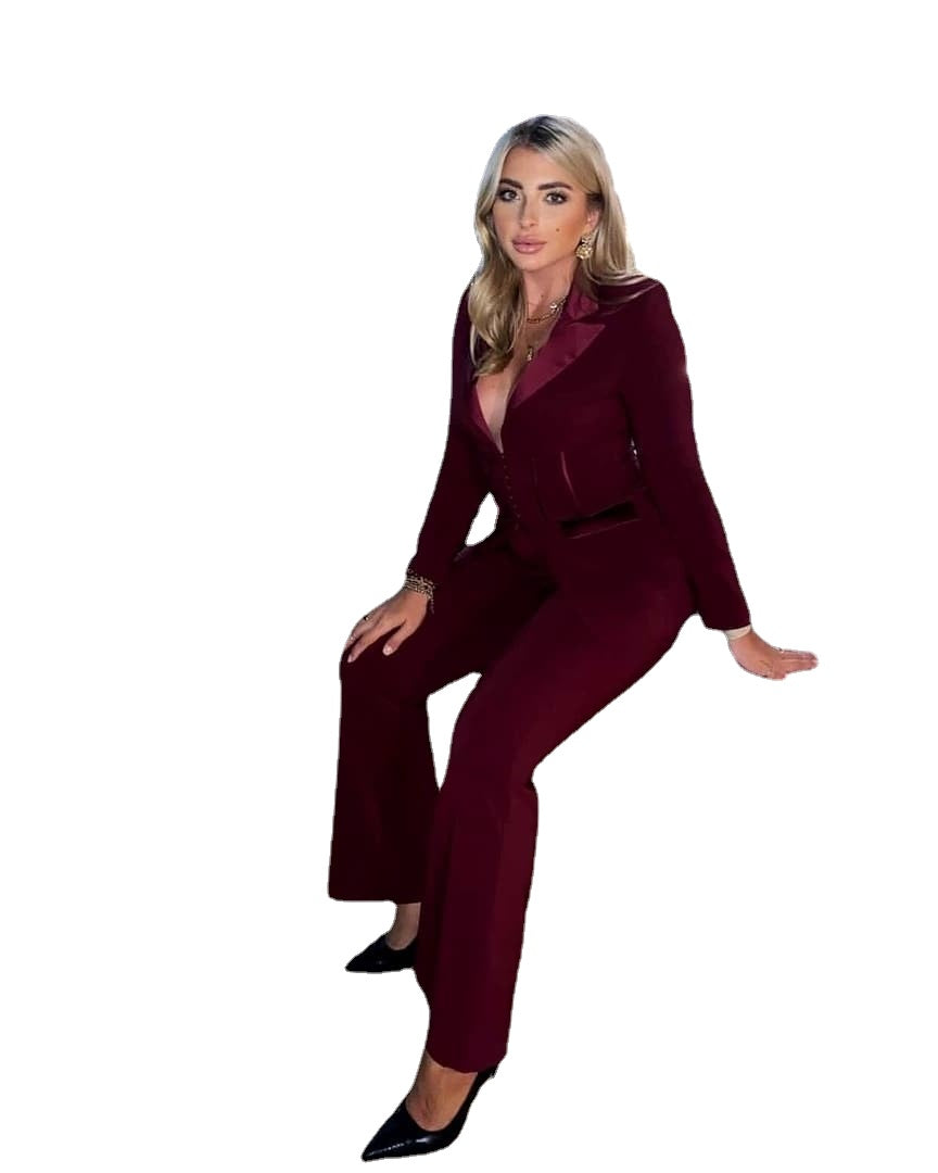 Summer Burgundy Mother of the Bride Suits Slim Fit V Neck Office Lady Wide Pants Suit Prom Party Wedding (Jacket+Pants)