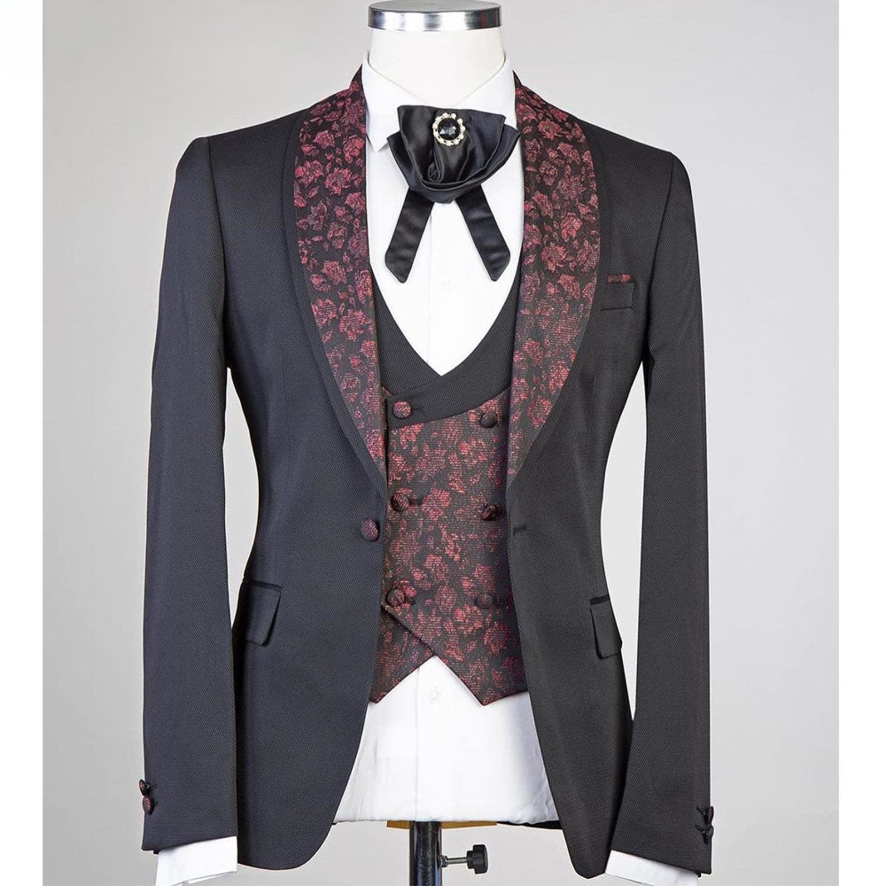 Costume gris élégant à imprimé floral pour homme, blazer formel, trois pièces (veste, gilet et pantalon)