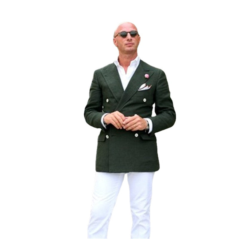Green Men Suits With White Pant 2Pieces(Jacket+Pant+Tie) Terno Groom Custom Made Blazer