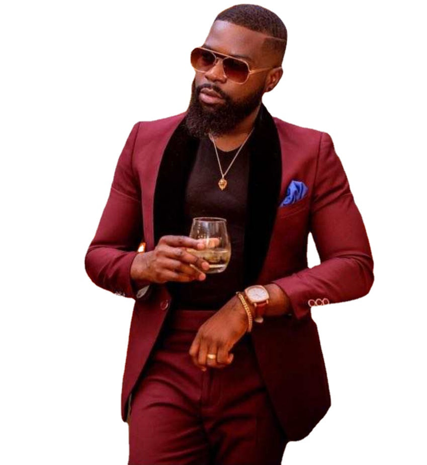 Men's Burgundy Velvet Shawl Lapel 2-Piece Groom Suit for Wedding & Party (Jacket, Pants)