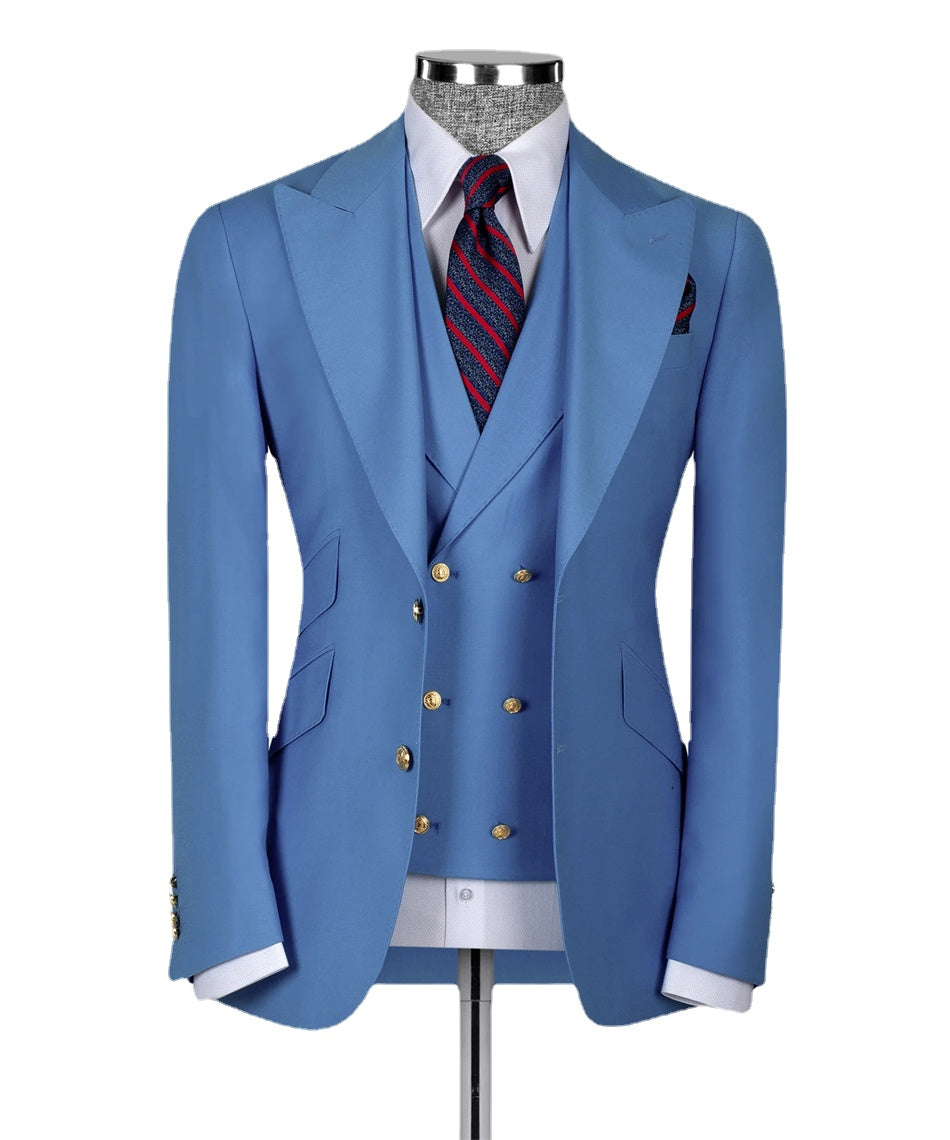 Costume classique bleu pour homme, 3 pièces, blazer, gilet, pantalon, coupe slim, formel, affaires