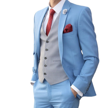 Ensemble 3 pièces veste bleu ciel, pantalon, gilet gris, smoking, blazer 