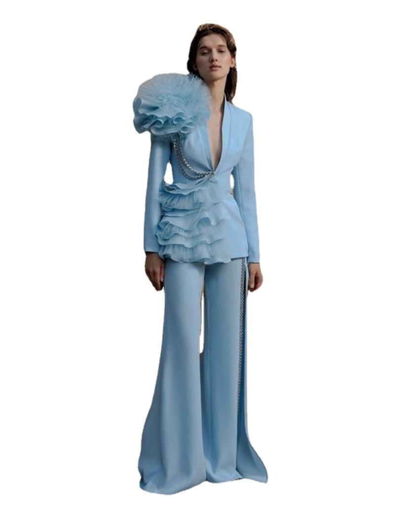 Conjunto de pantalón y blazer de 2 piezas con cristales de lujo para mujer, con volantes de tul y pierna ancha, de diseñador, hecho a medida, para fiesta y graduación. 
