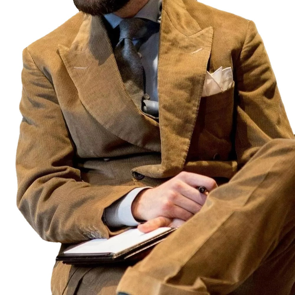 Khaki Corduroy Men's Suit Jacket Pants Thick Winter Wear Blazer Trousers 2pcs Jacket Pants Wedding