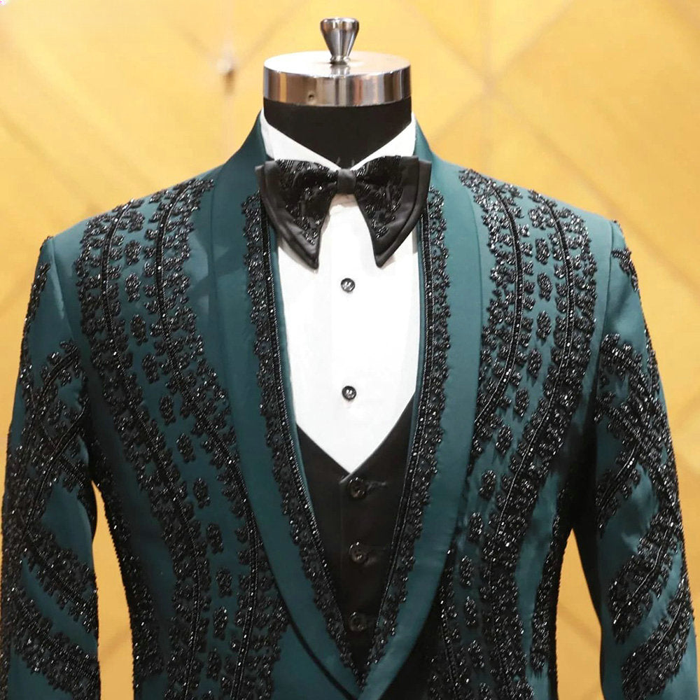 Smoking de mariage vert pour homme, costume trois pièces formel avec perles en cristal, sur mesure, blazer noir pour bal de promo, mode masculine