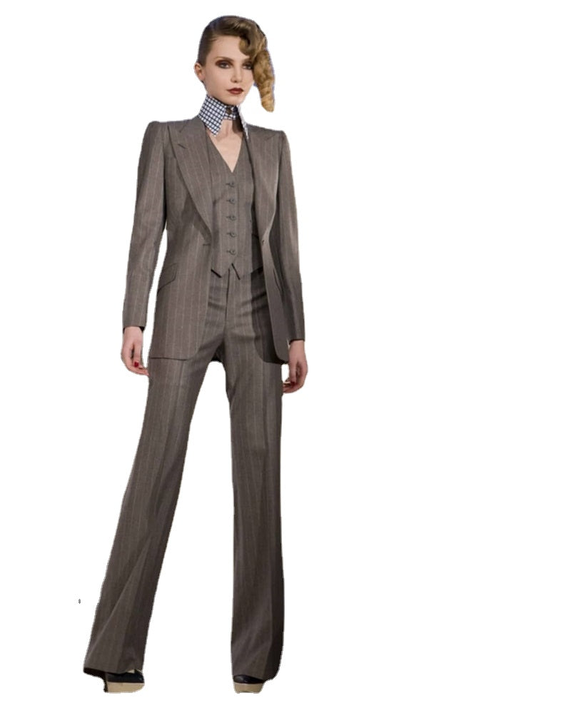 Grey Stripe Women Suits Office Sets 3 Pcs Business Cotton Custom Made Blazer+Vest+Pants Formal Evening Prom Dress