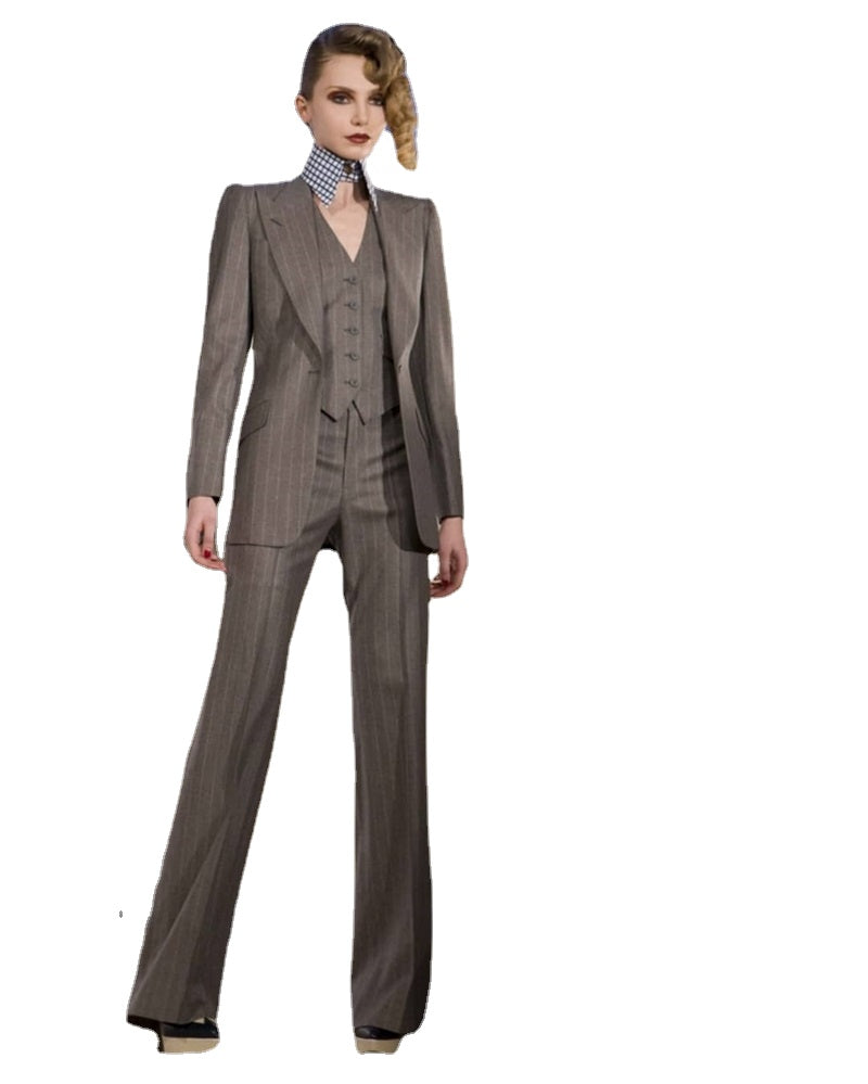 Trajes de mujer a rayas grises, conjuntos de oficina de 3 piezas, de algodón, hechos a medida, blazer, chaleco y pantalones, vestido formal de noche y graduación. 