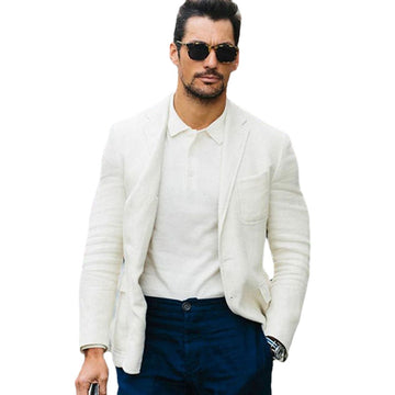Costume décontracté ivoire pour homme, coupe cintrée, avec pantalon bleu foncé, sur mesure, pour marié, mariage, bal, affaires