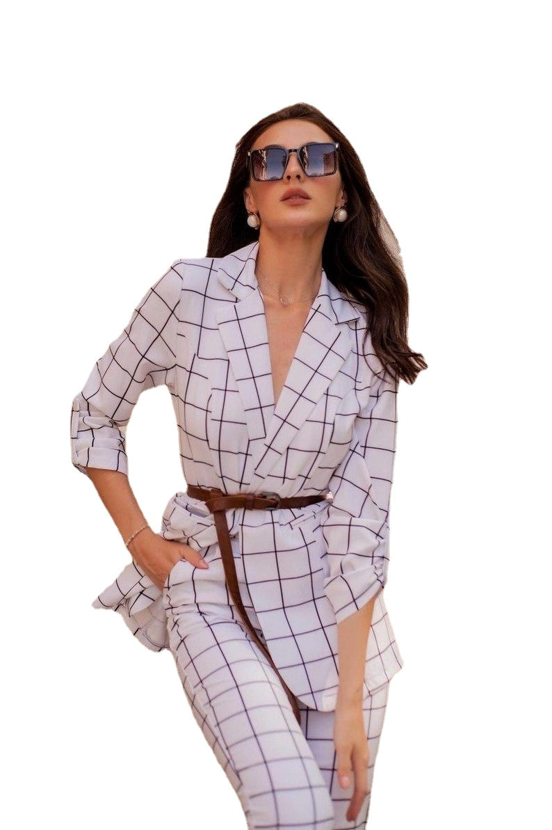 Women Check Jacket Suits V Neck Long Sleeve Bridal Pants Suit Mother of Bride Dress Party Prom Evening Wear