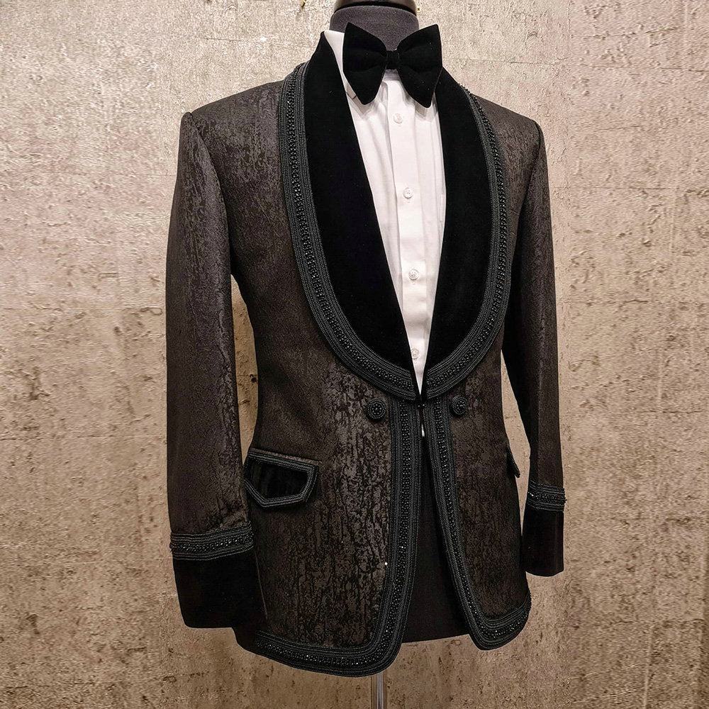 Black Jacquard Groom Wear Beading Formal Men Suits 2 Piece Jacket and Pants Sets Smart Casual Business Blazer
