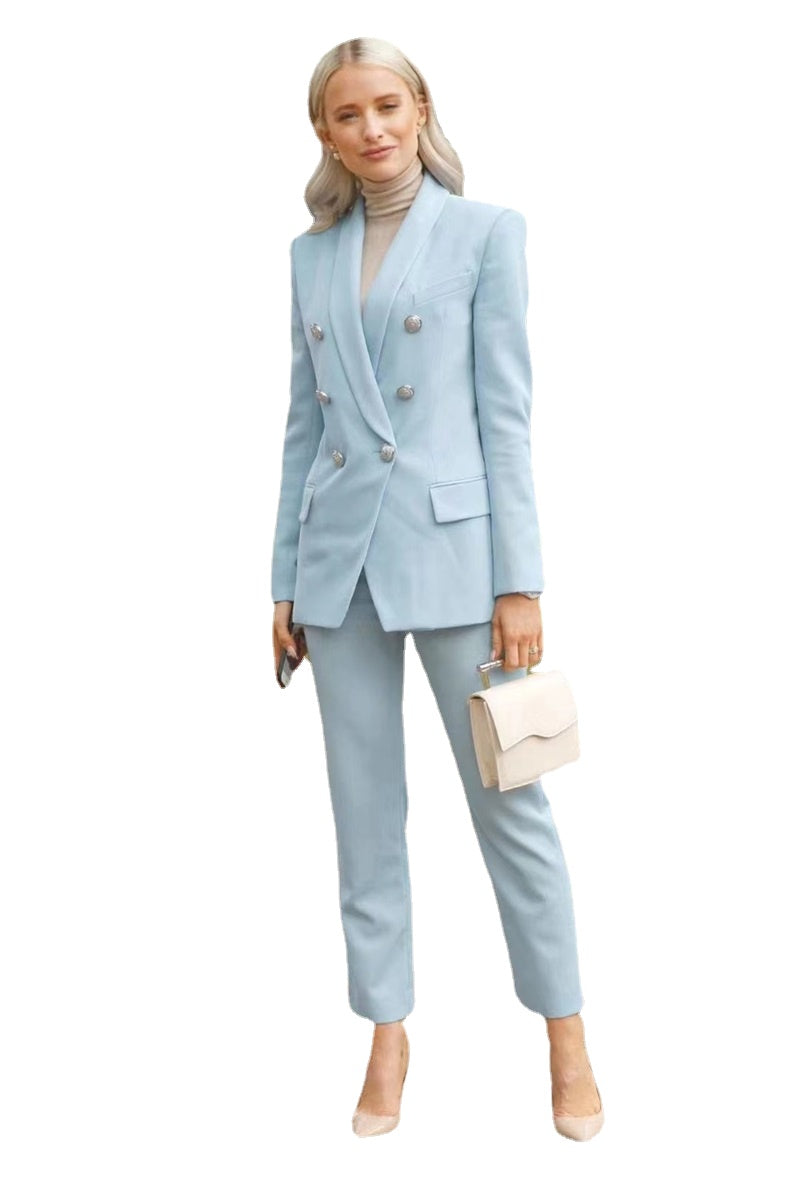 2 Pcs Spring Women Suit Set Blazer+Ninth Pants Light Sky Blue Formal Business Office Lady Tailored Wedding Tuxedo
