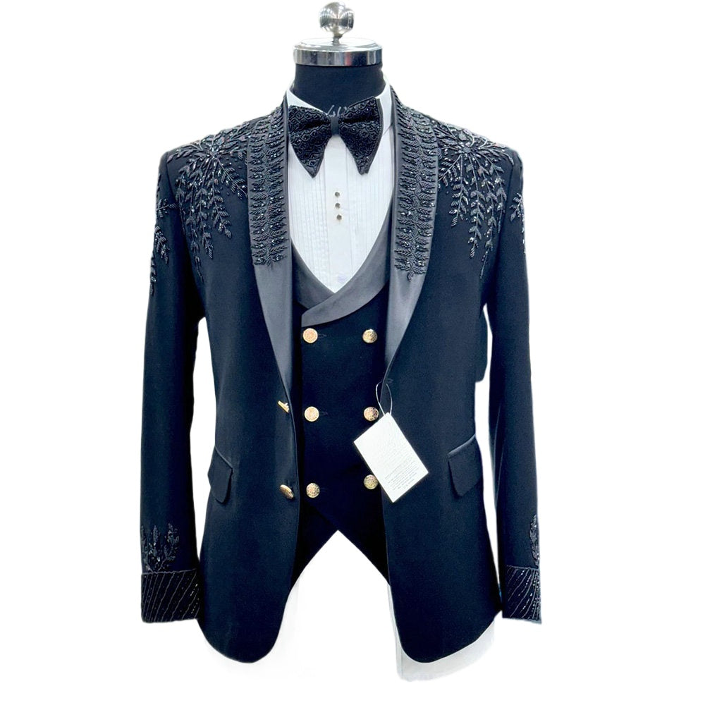 Black Handmade Beading Groom Wedding Tuxedos Formal Suits Men Custom Made Black Prom Blazer Sets Male Fashion 3 Pieces