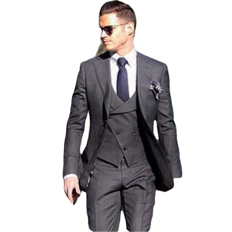 Costume 3 pièces gris pour homme, veste, pantalon, gilet et cravate, coupe slim, pour marié, soirée 