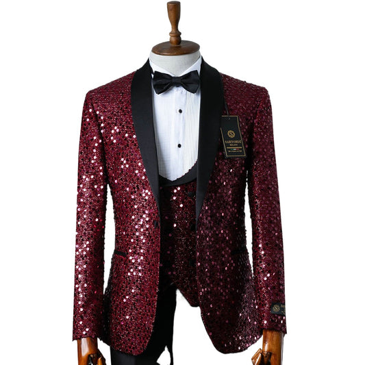 Burgundy Sequined Groom Wear Formal Men Suits 3 Piece Jacket Vest and Pants Sets Smart Casual Business Blazer