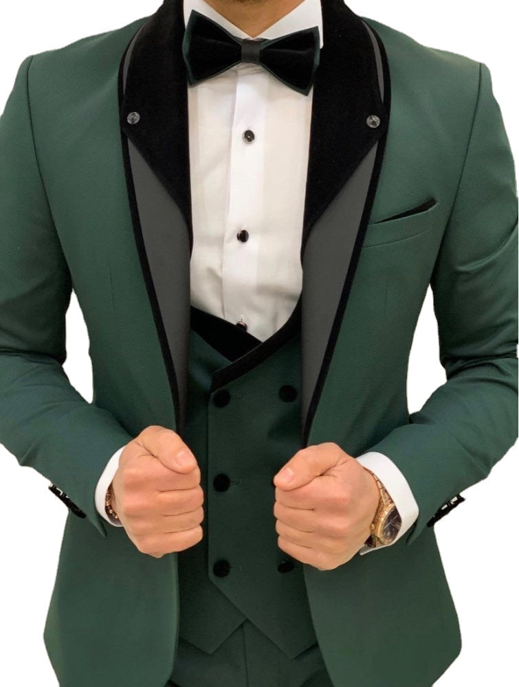Trajes de esmoquin para hombre, para boda, para novio, formal, con blazer y bufanda verde, para graduación (chaqueta, chaleco y pantalones) 