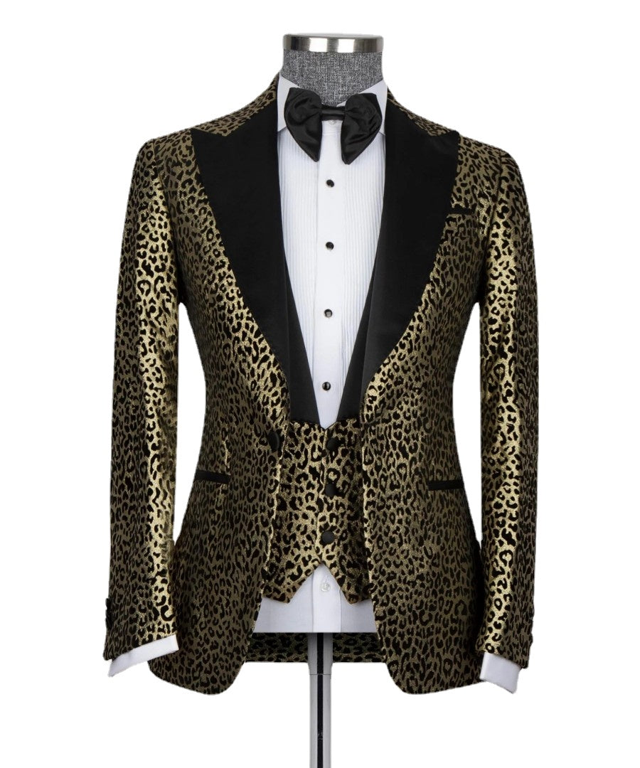 Costume 3 pièces imprimé léopard pour homme, blazer, gilet, pantalon, tenue de soirée, mariage, bal de promo, formel, doré et noir 