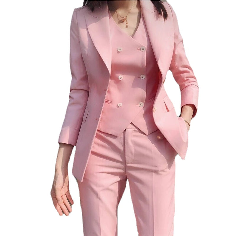 Pink Women's Formal Slim Fit 3 Pieces Suit Custom Made Office Lady Work Wear Suits Business Wedding Dress Blazer Femenino