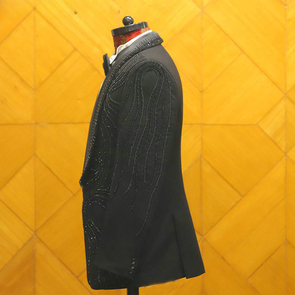 Costume 3 pièces noir fait main avec perles, blazer et pantalon pour homme, smoking, haute couture, mariage, bal, grande taille, sur mesure