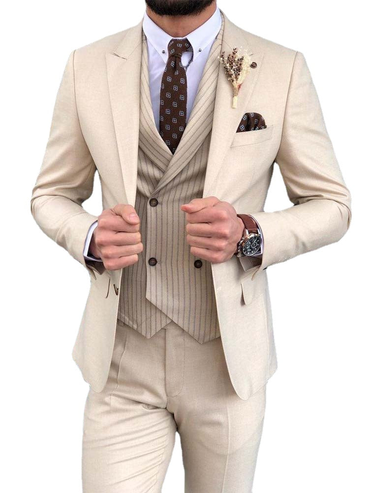Costume de marié beige 3 pièces coupe slim pour homme, avec revers en pointe et gilet à rayures