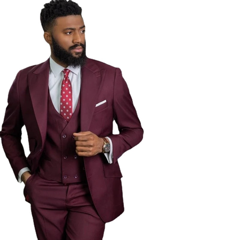 Burgundy Costume Homme 3 Pieces Wedding Tuxedos Peak Lapel Slim Fit Men Suits (Jacket+Pants+Vest)