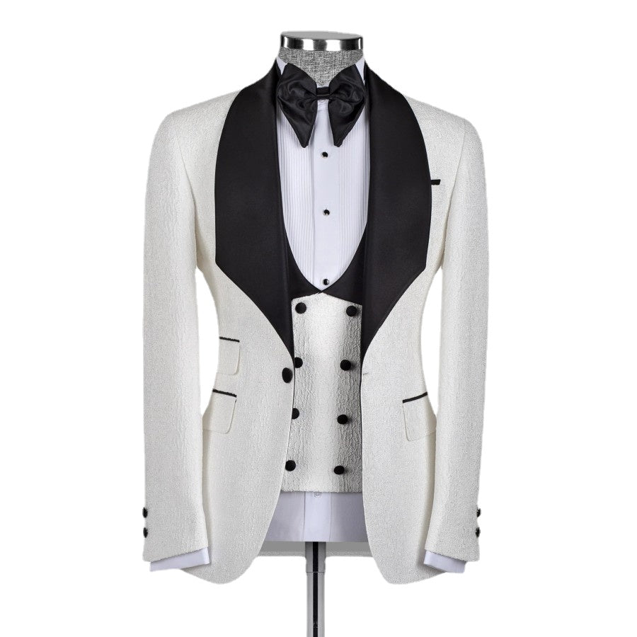 Costume de mariage blanc pour homme, coupe slim, veste de smoking, gilet et pantalon noir, tenue de soirée formelle pour homme d'affaires 