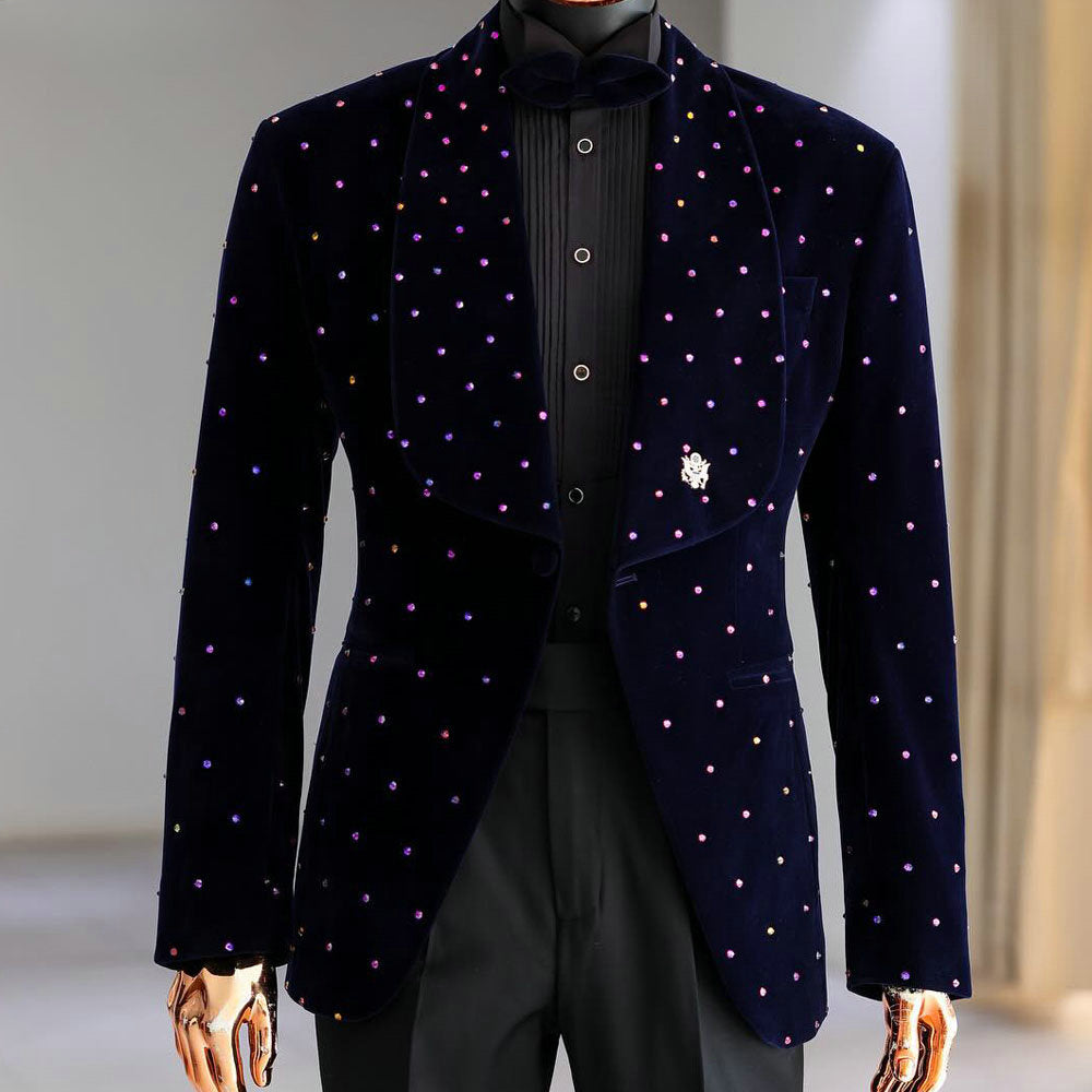 Black Velvet Men Suits 2 Piece with Pearls Fashion Business Casual Wear Party Wedding Groom Tuxedo Jacket&Pants