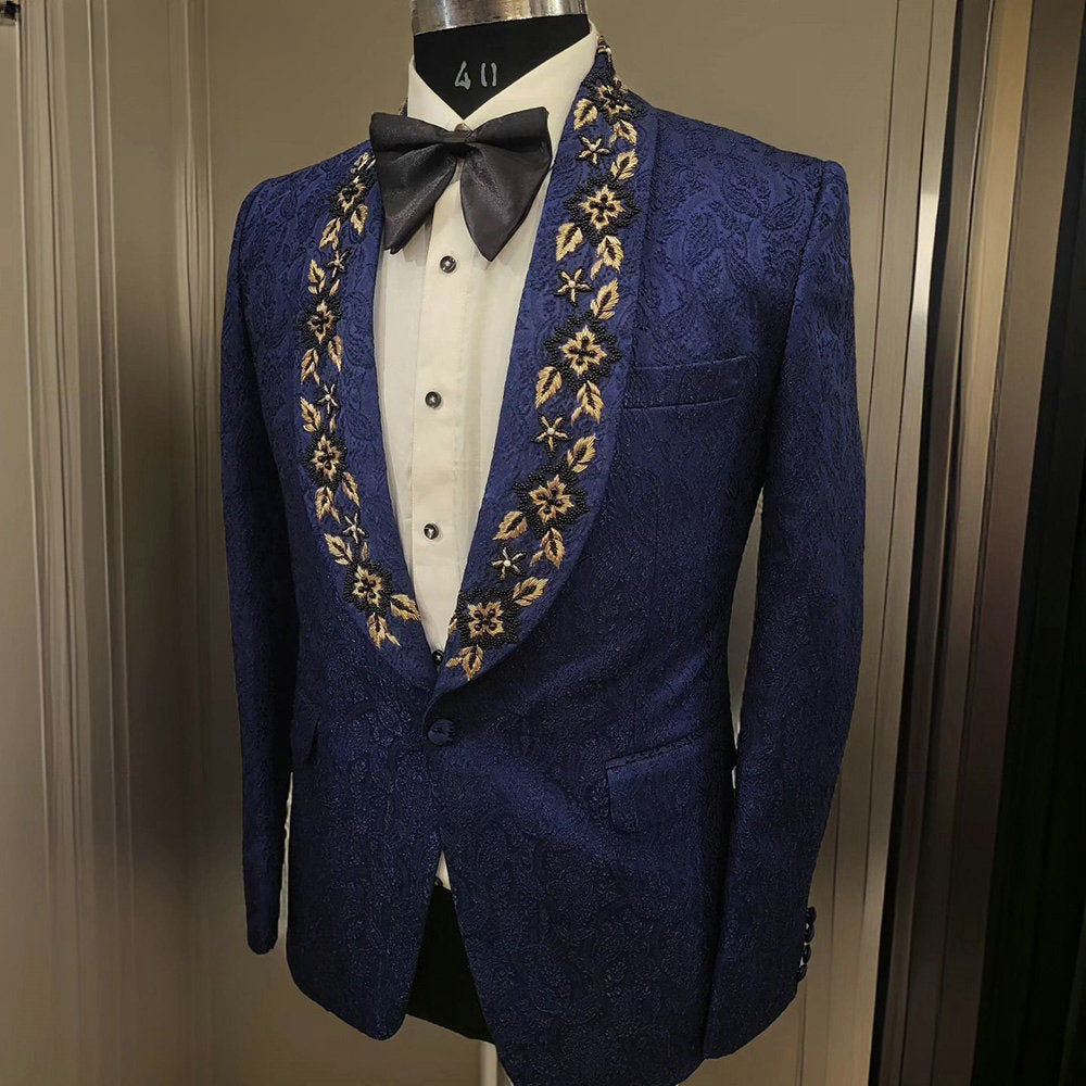 Royal Blue Jacquard Weave Men Suits Appliques Groom Wedding Tuxedos 2 Pieces Sets Dinner Prom Blazers Terno Masculino Completo