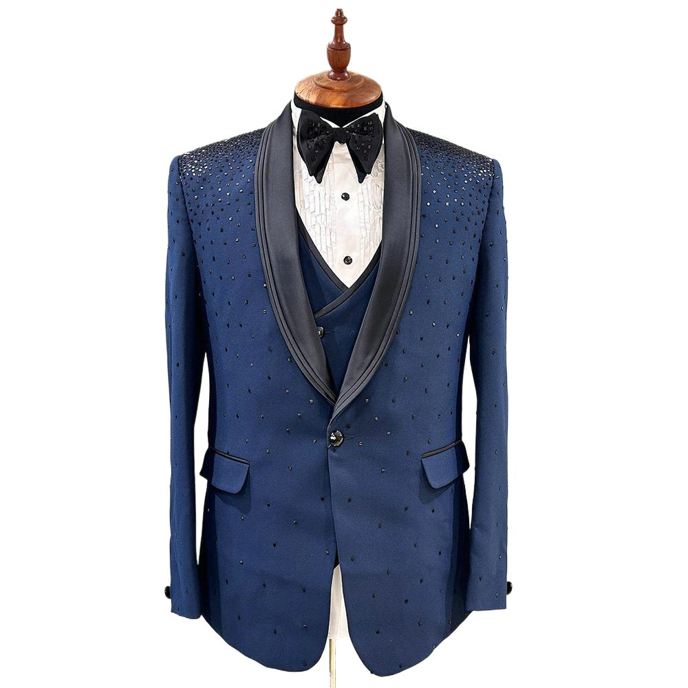 Costume de marié 3 pièces bleu pailleté avec cristaux, costume formel pour homme, sur mesure, blazer noir pour bal de promo, mode masculine