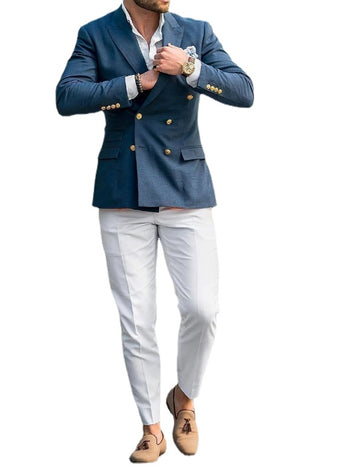 Blue Suit With White Pants Wedding Dress Prom Dress Business Suits Party Suits costume homme 2 Pieces Suit(Jacket+Pants)