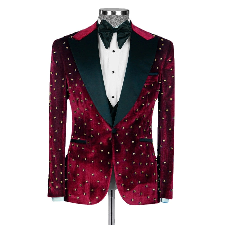 Costume de mariage 3 pièces de luxe pour homme, coupe slim, revers en velours, smoking, veste, gilet et pantalon, ensemble blazer 