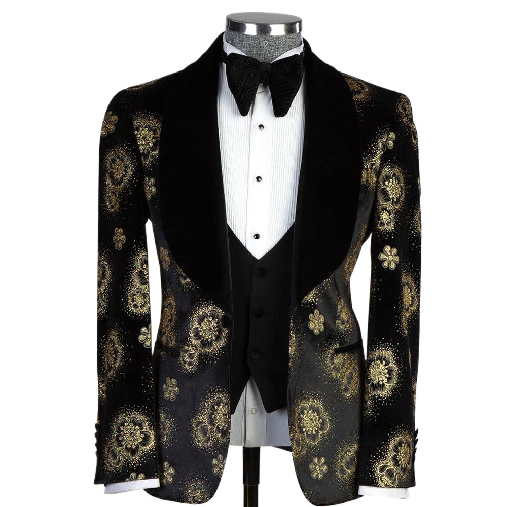Black Floral Print Men Suits Formal Evening Party 3 Pieces Groom Wear( Jacket + Pants  + Vest  )