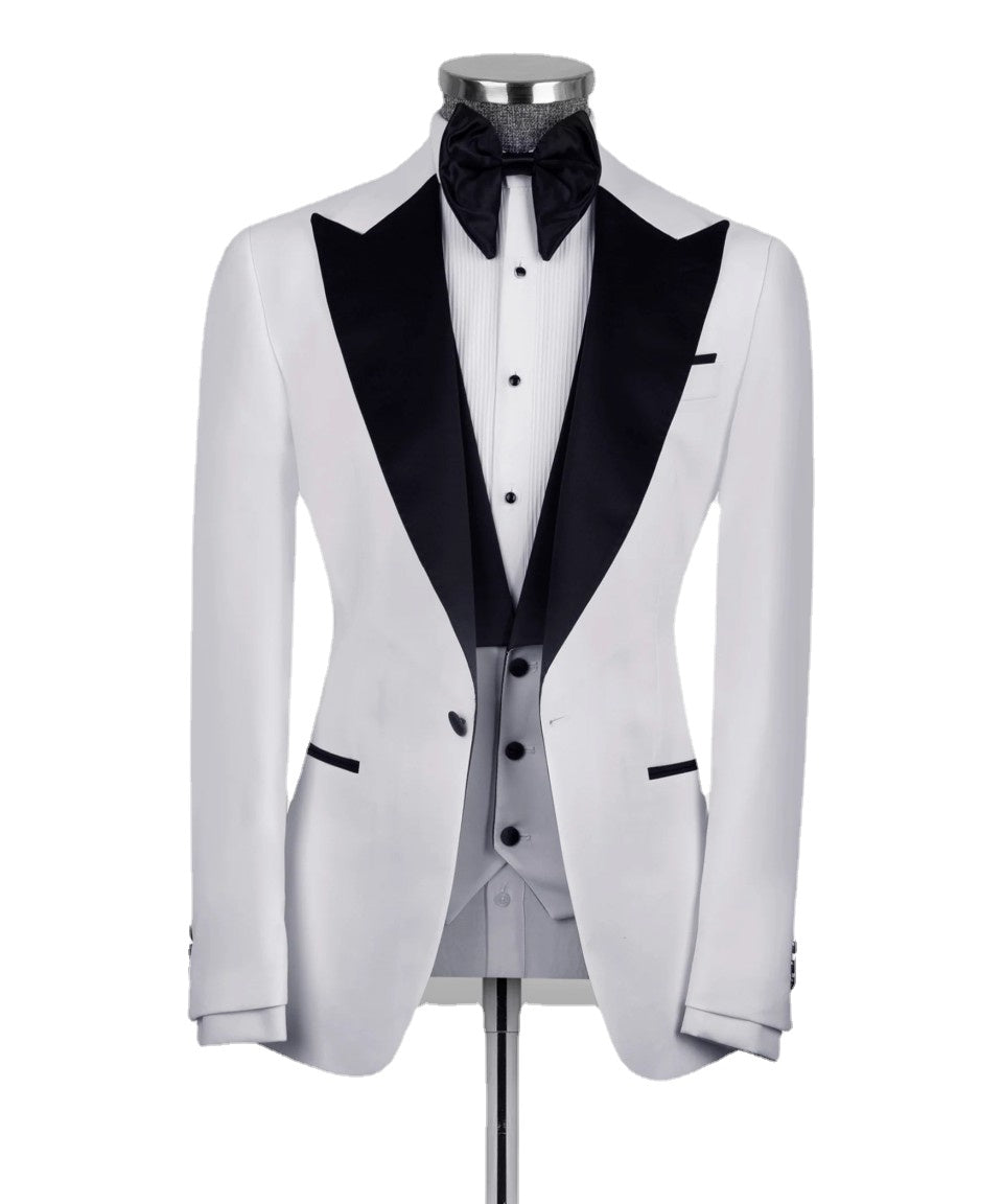 Costume de mariage 3 pièces pour homme, col en satin noir, smoking blanc, blazer, pantalon, costume de soirée formel pour homme 