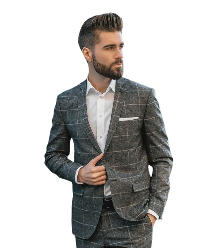 Costumes gris pour hommes pour smokings de marié revers crantés coupe ajustée blazer à carreaux deux pièces veste pantalon homme vêtements sur mesure 