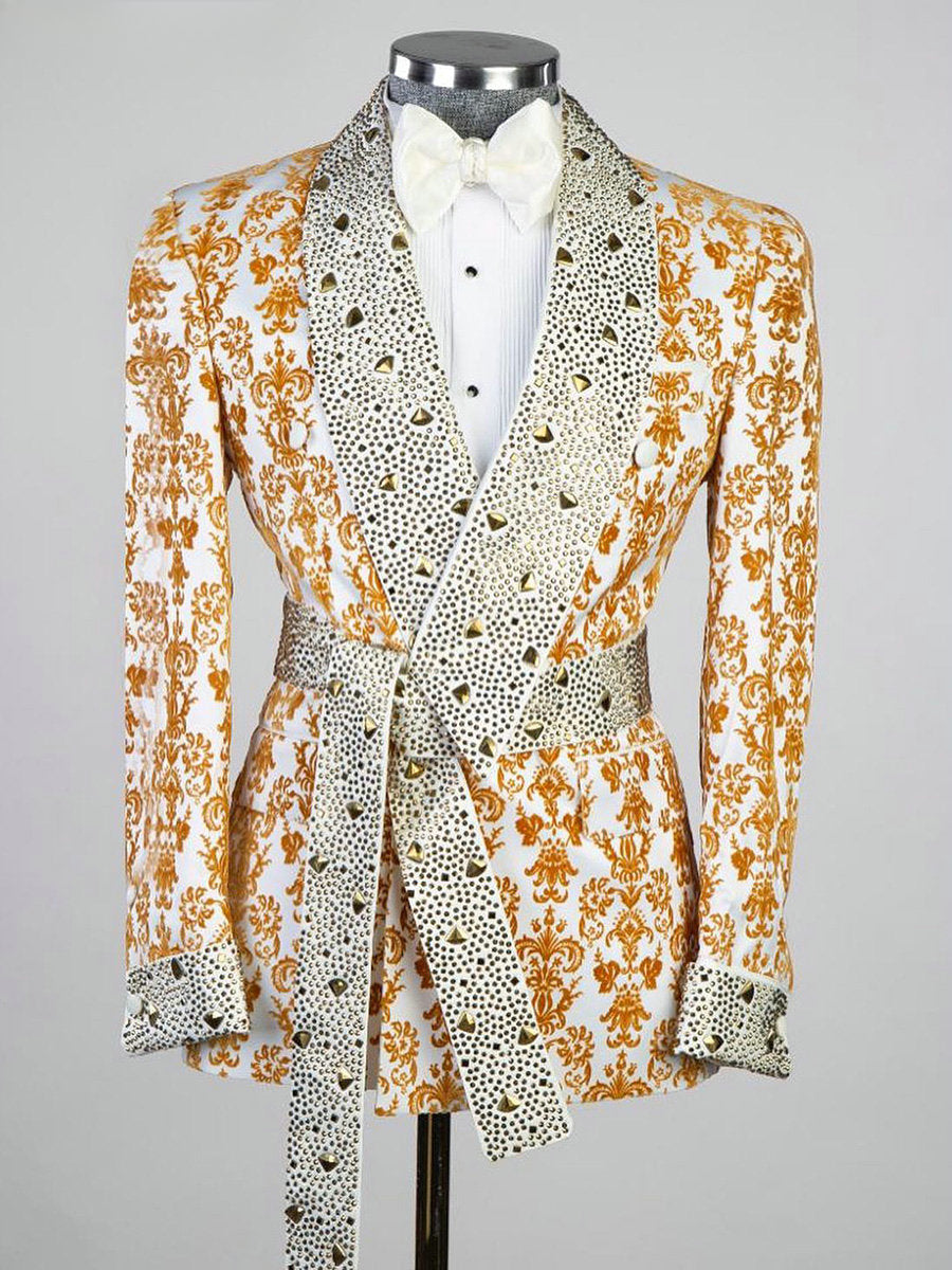 Traje de fiesta de noche con estampado dorado para hombre, blazer de dos piezas con cristales brillantes, traje de novio (chaqueta + pantalón)