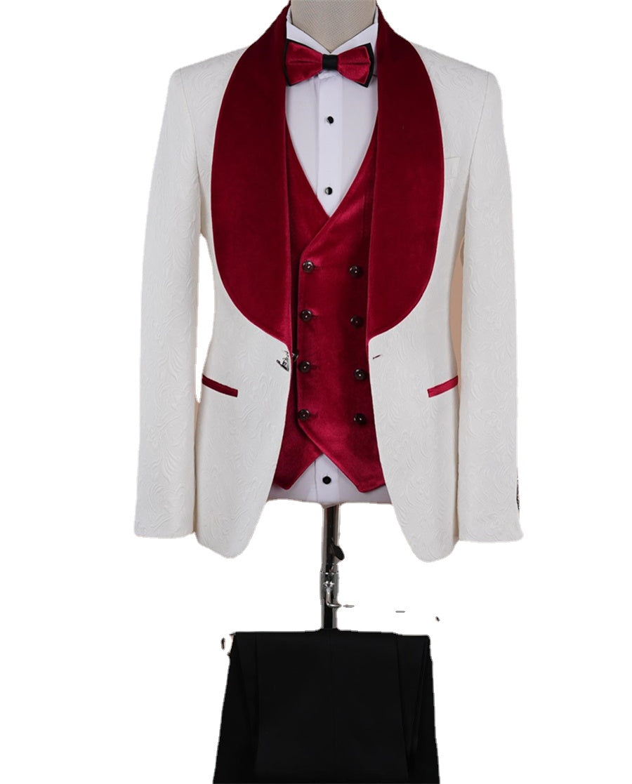 Costume de marié 3 pièces en velours bordeaux et jacquard blanc, veste, gilet, pantalon, tenue de soirée, pour homme, hiver/automne 