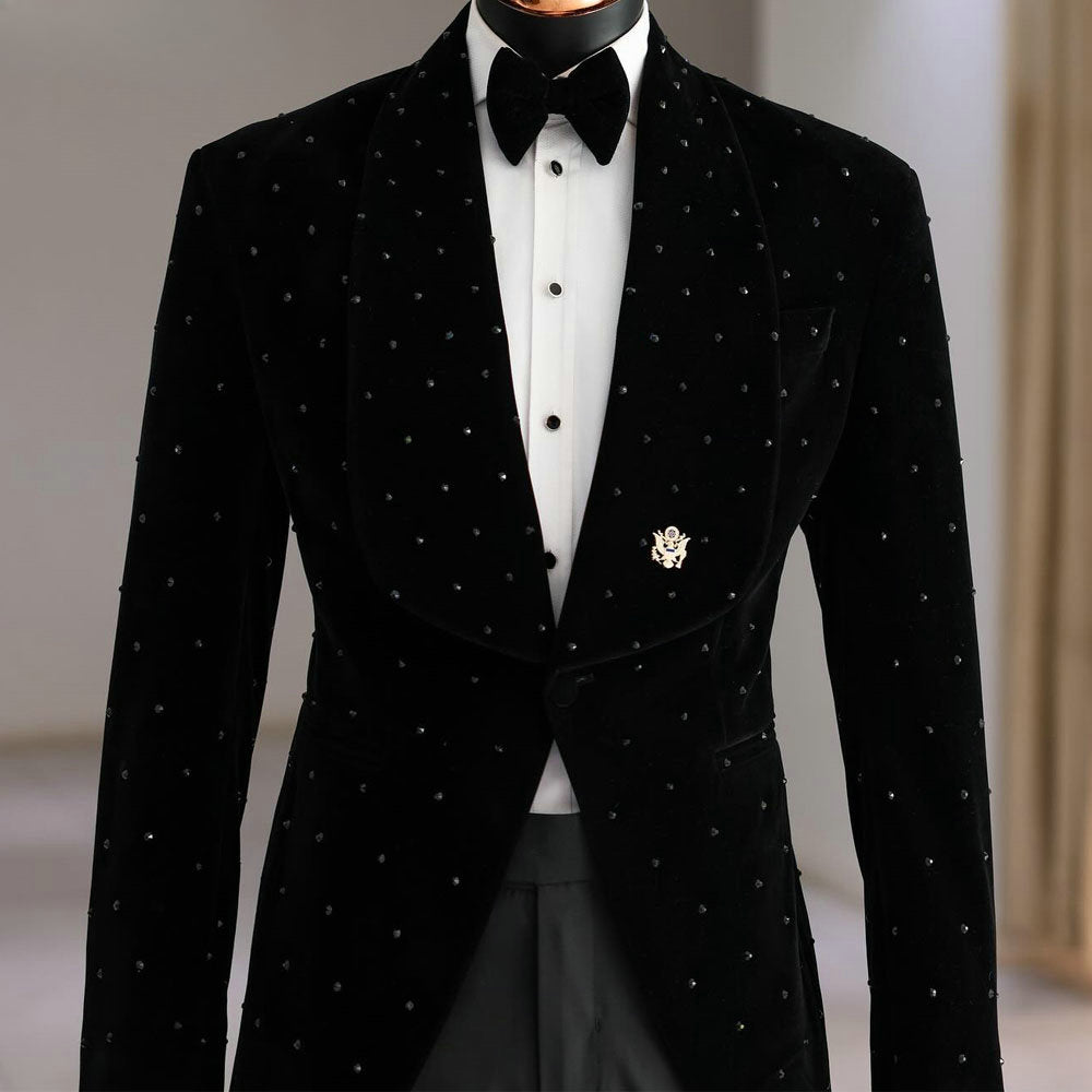 Costume 2 pièces en velours noir pour homme avec perles, tenue décontractée pour le travail, les fêtes, les mariages, le smoking, veste et pantalon