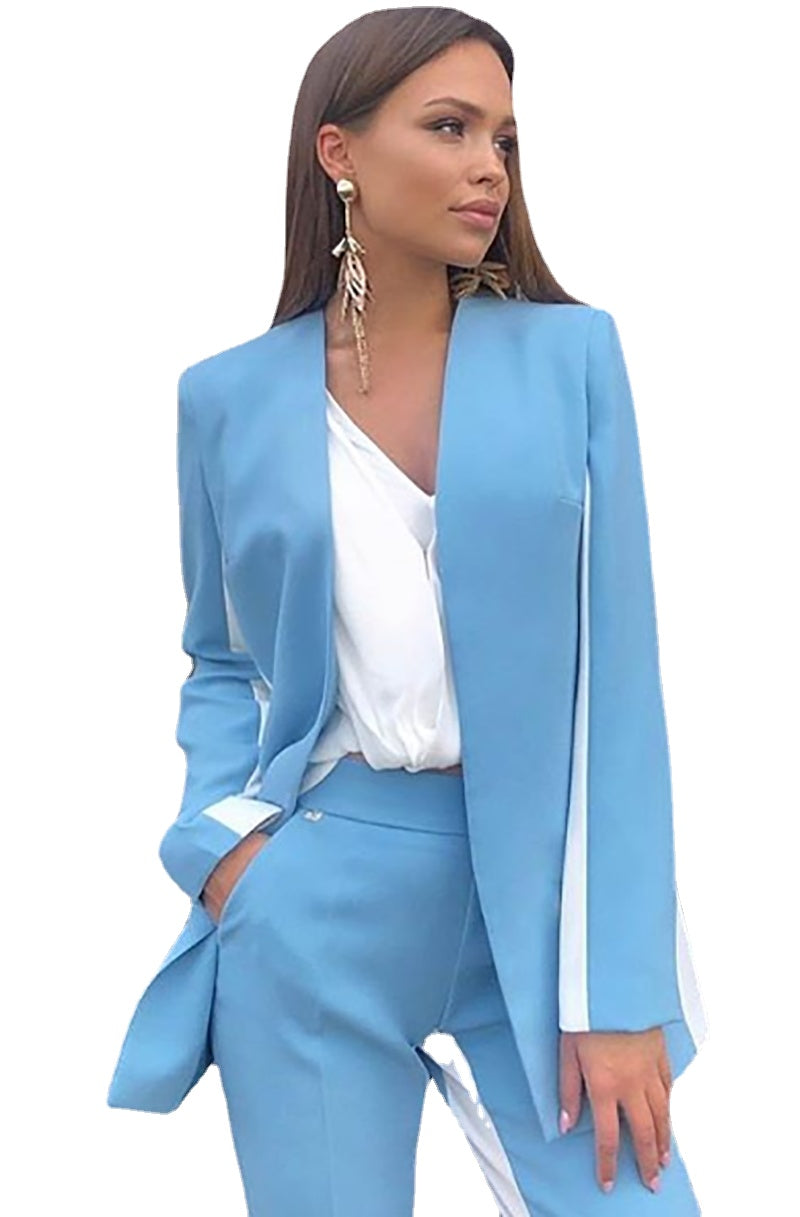 Esmoquin azul blanco para mujer para vacaciones, corte entallado, cintura alta, para madre de la novia, trajes de pantalón para fiesta de graduación, invitados de noche, ropa de boda, 2 piezas 