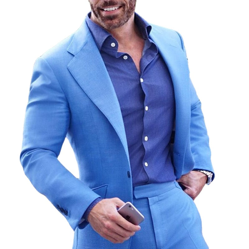 Trajes casuales azules para hombre, corte entallado, 2 piezas, para graduación, boda, esmoquin para padrinos de boda, chaqueta con solapa con muesca y pantalones 