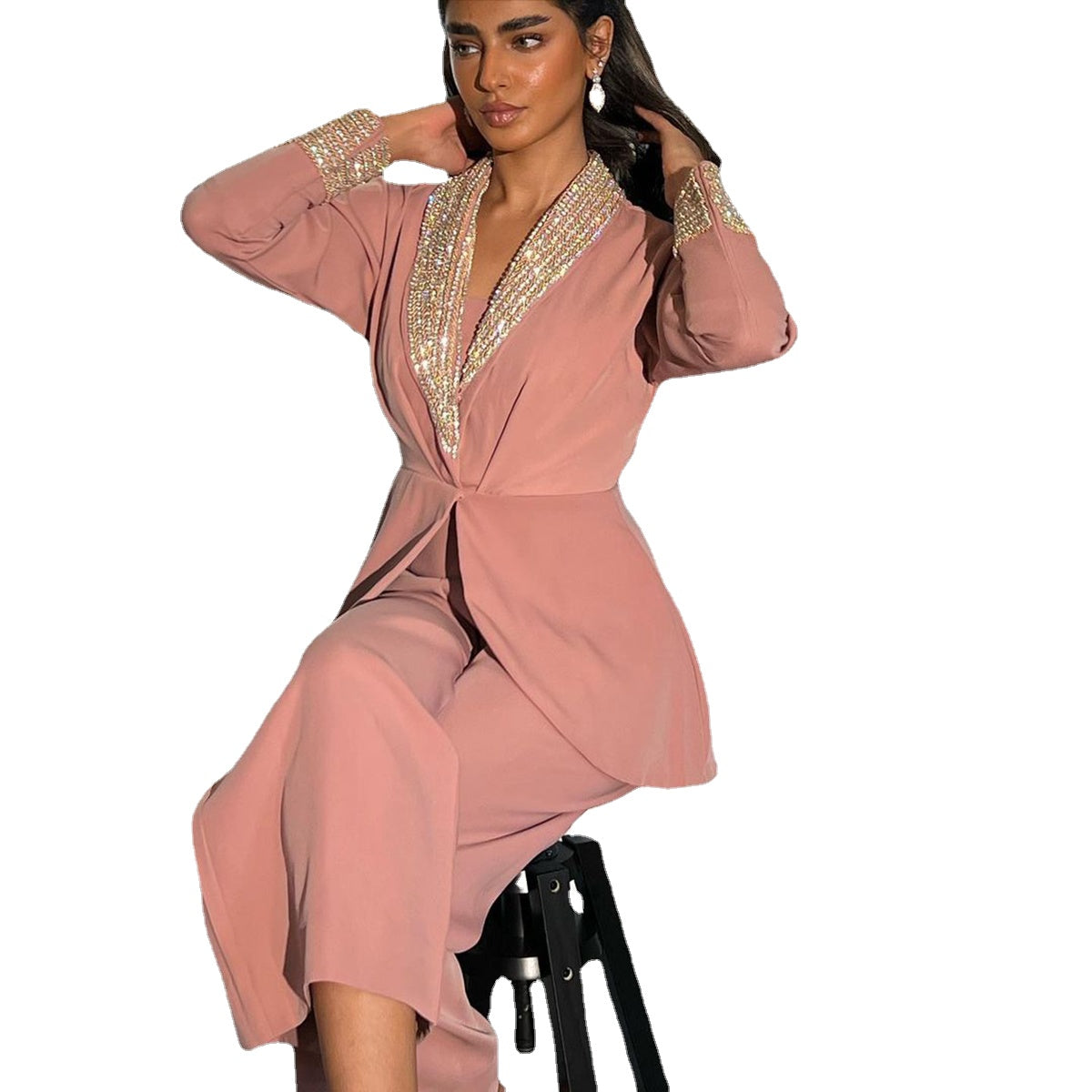 Ensemble 2 pièces pour femme, pantalon et blazer à manches longues et paillettes dorées, coupe droite et ample, style streetwear 