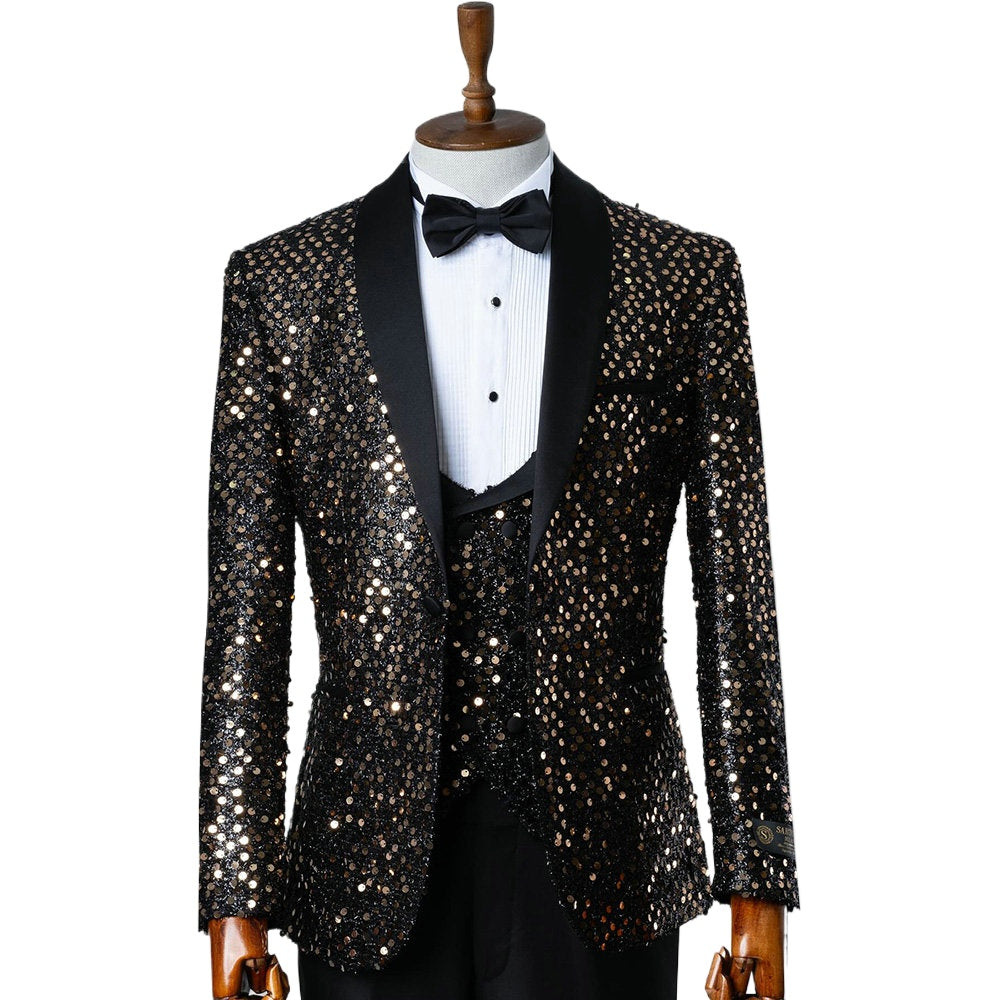 Black Sequined Groom Wear Formal Men Suits 3 Piece Jacket Vest And Pants Sets Smart Casual Business Blazer