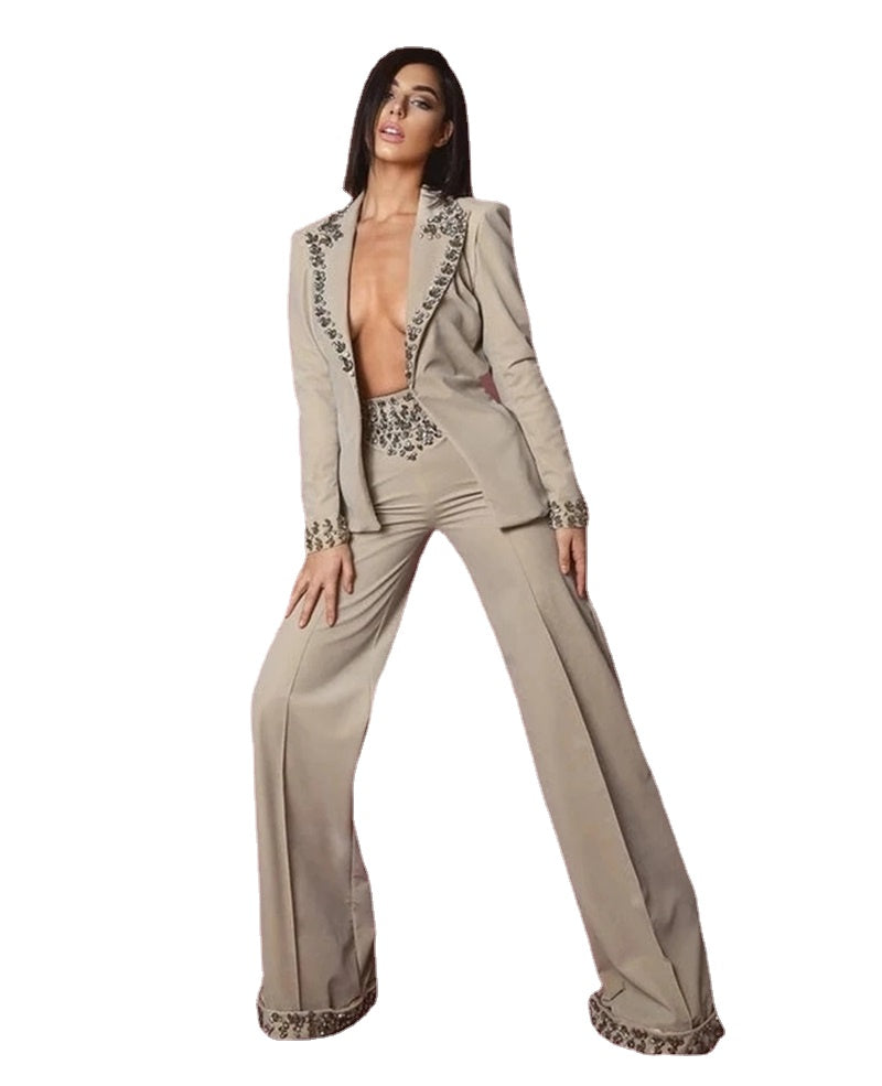 Conjunto de traje con cuentas de cristal para mujer, blazer y pantalones, formal, para oficina, negocios, graduación, chaqueta, abrigo, talla personalizada 