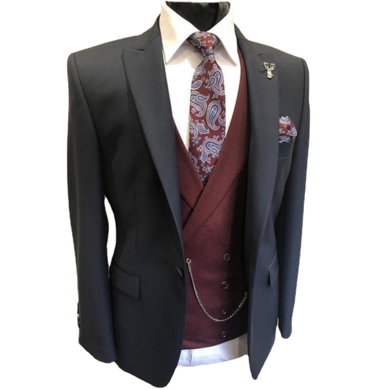 Trajes de hombre: chaleco negro, esmoquin burdeos, chaqueta, pantalón y traje de boda, trajes ajustados a medida, vestido de fiesta, 3 piezas, chaqueta, chaleco y pantalón. 