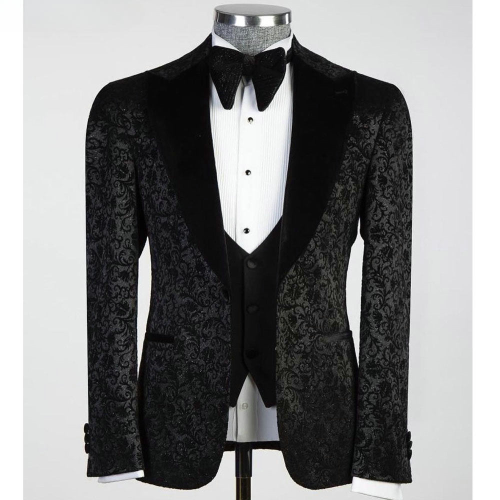 Traje de hombre de tres piezas en tejido jacquard con lijado negro (chaqueta, chaleco y pantalón)