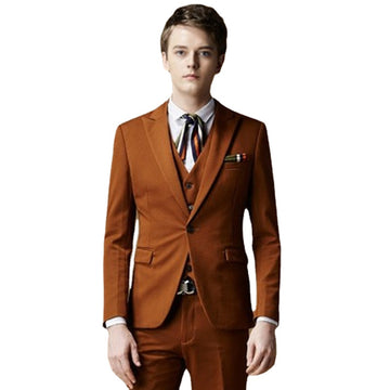 Men Suit Brown 3Pieces(Jacket+Pants+Vest+Tie) Tuxedos One Button Slim Fit Best Man Suit