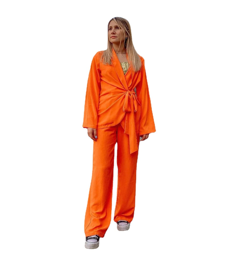 Conjunto de 2 piezas de blazer y pantalón de lino naranja para mujer, para oficina, ocio, negocios, personalizado, formal 