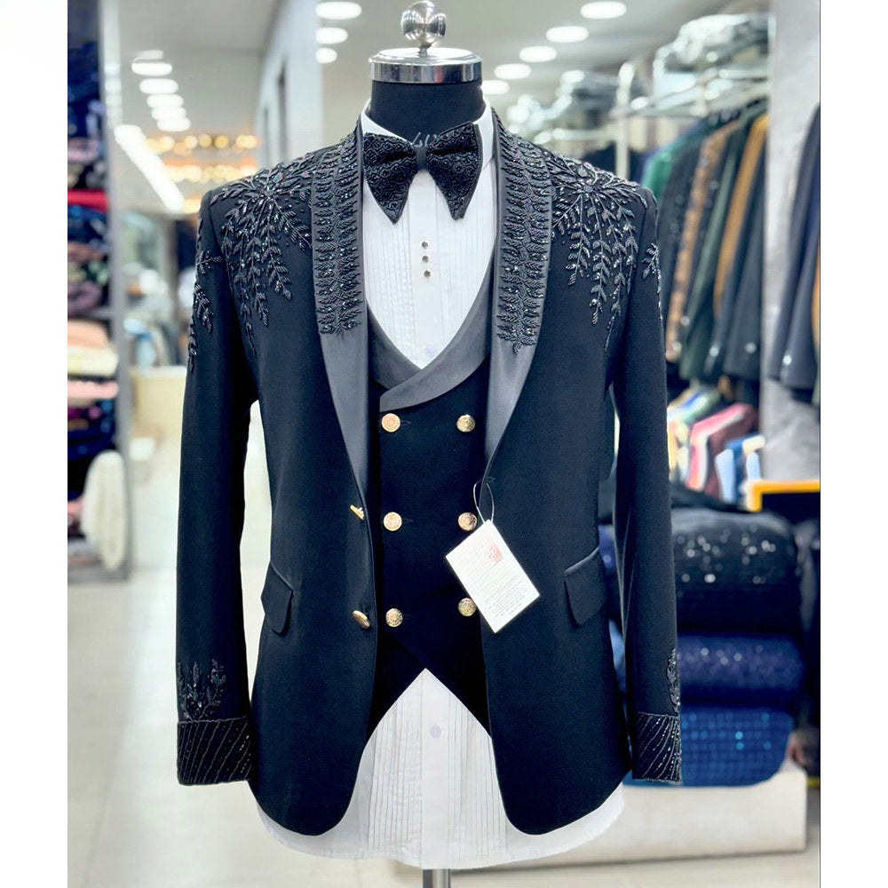 Black Handmade Beading Groom Wedding Tuxedos Formal Suits Men Custom Made Black Prom Blazer Sets Male Fashion 3 Pieces