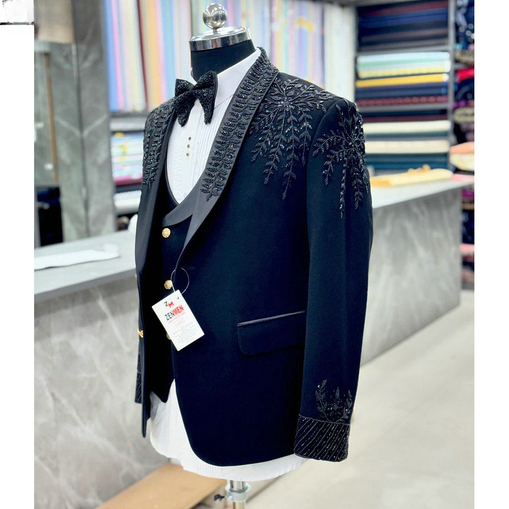 Black Handmade Beading Groom Wedding Tuxedos Formal Suits Men Custom Made Black Prom Blazer Sets Male Fashion 3 Pieces
